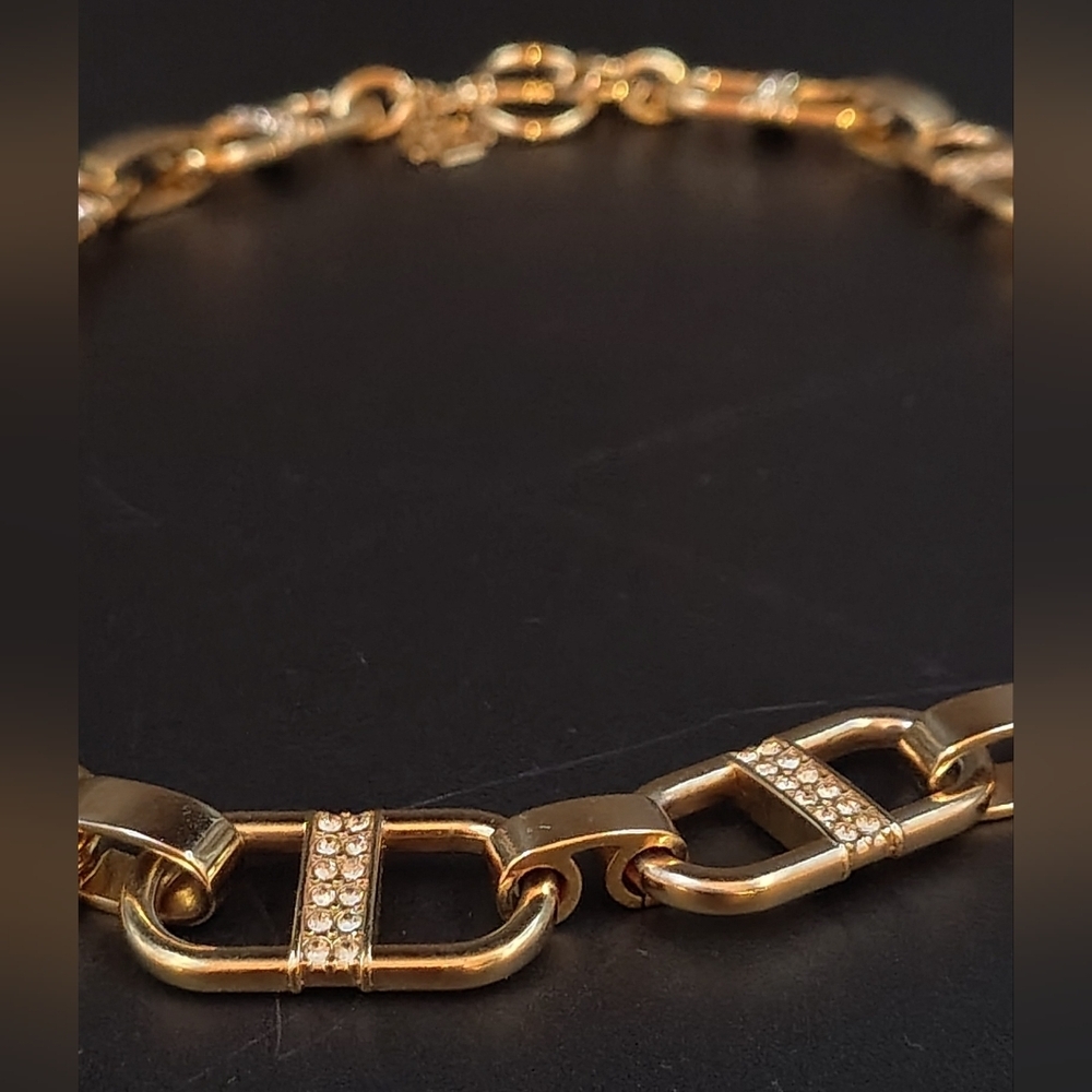 Ann Taylor Gold Tone Paper Clip Rhinestone Chunky Necklace Choker - Picture 7 of 14